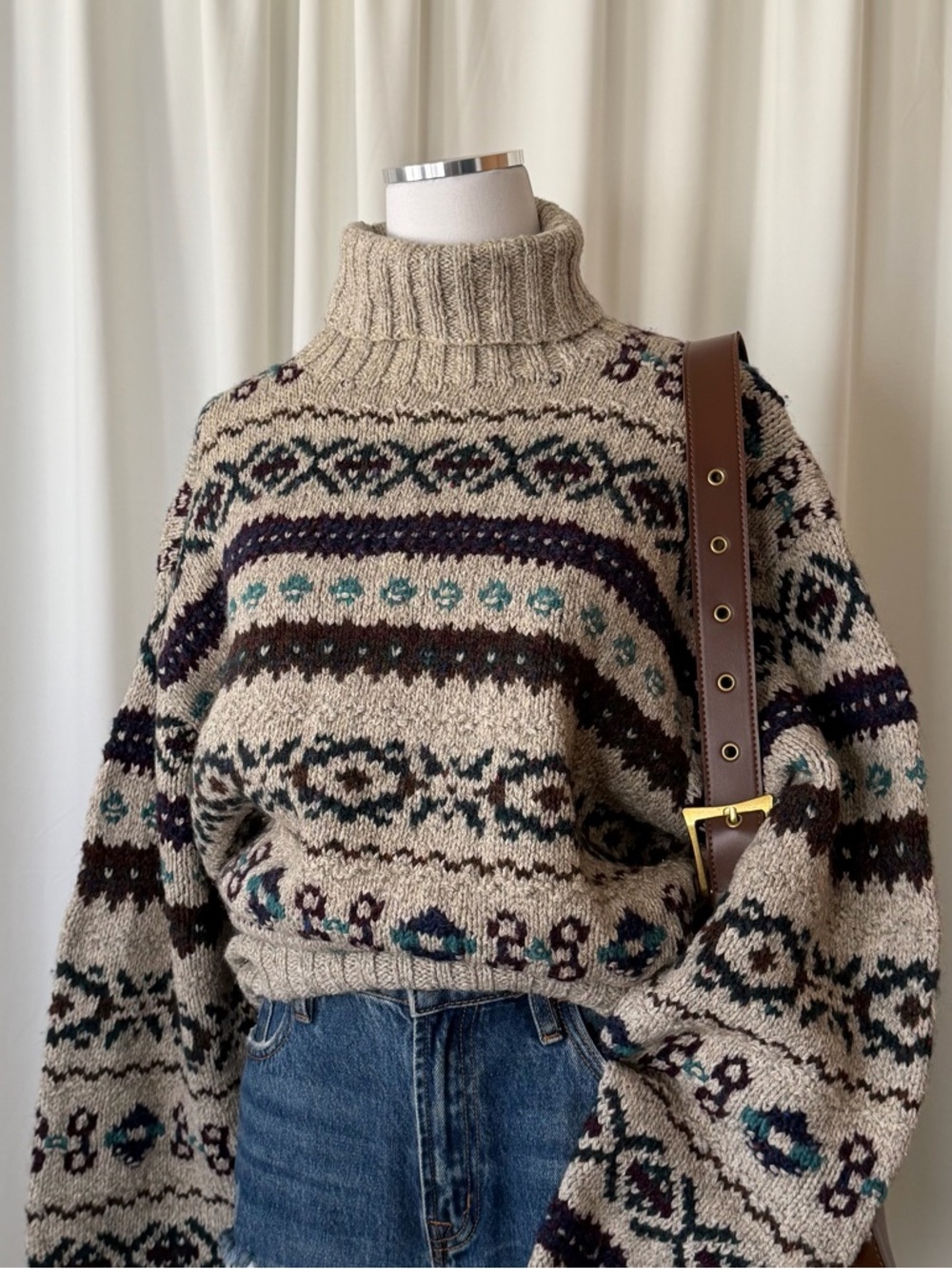 Vintage 1980’s POLO Ralph Lauren Hand knit Fair Isle turtleneck sweater large - Picture 3 of 13